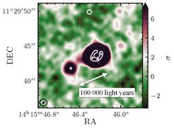 This high-resolution ALMA image of the "Cloverleaf" system (indicated by the grey contours) not only shows the host system of the quasar itself (centre) but also a companion galaxy connected by a bridge of material. This is the first time that a galaxy has been observed that is consuming material from a neighbour in the early universe.