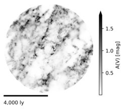 Blick von oben auf die Staubverteilung im Umkreis von 4.077 Lichtjahren um die Sonne. Die Sonne befindet sich in der Mitte, das galaktische Zentrum liegt rechts von der Sonne, weit außerhalb des Bilds.