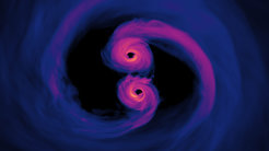 Simulation zweier kollidierender supermassereicher Schwarzer Löcher, deren Gravitationswellen mit der neuartigen Methode entdeckt werden könnten. Quelle: NASA's Goddard Space Flight Center/Scott Noble; simulation data, d'Ascoli et al. 2018.