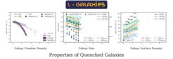 Die drei Diagramme zeigen die Vorhersagen des L-GALAXIES-Modells (durchgezogene Linien) für Galaxien mit der Masse der Milchstraße im Vergleich zu Beobachtungsdaten bei der entsprechenden Rotverschiebung. Das linke Diagramm zeigt, dass das Modell nicht genügend passive Galaxien erzeugt. Das mittlere Diagramm zeigt, dass das Modell die Größe der passiven Galaxien überschätzt. Das rechte Diagramm zeigt, dass passive Galaxien im Modell nicht kompakt genug sind.
