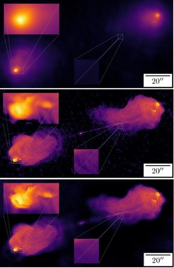 Drei unterschiedliche Rekonstruktionen einer Abbildung der Radiogalaxie Cygnus A aus Interferometrie-Daten des VLA. Zwei Bereiche, ein heller und ein dunkler, sind jeweils vergrößert dargestellt.
Oben: Einfache Fouriertransformation ohne Optimierung.
Mitte: Rekonstruktion mit dem CLEAN-Algorithmus. Man erhält eine höhere Auflösung, allerdings entstehen v.a. in dunkleren Bereich auch unphysikalische Strukturen.
Unten: Rekonstruktion mit Bayesscher Bildgebung und Informationsfeldtheorie. Die Auflösung in hellen Bereichen wird besser; gleichzeitig entstehen in dunklen Bereichen keine künstlichen Strukturen.Für eine größere Ansicht der Einzelbilder für B und C siehe unten.