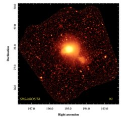 Fig 1. X-ray image of the Coma cluster field in the 0.4-2 keV band obtained by eROSITA. The image is ~6 degrees on a side, corresponding to 10 Mpc at the distance of the cluster, with the logarithmic color-code spanning 5 orders of magnitude. The main cluster is in the process of merging with the NGC4839 group (a bright blob to the bottom right from the Coma cluster).